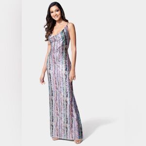 NWT Bebe PRINTED LUREX KNIT GOWN Dress Size Small #56
